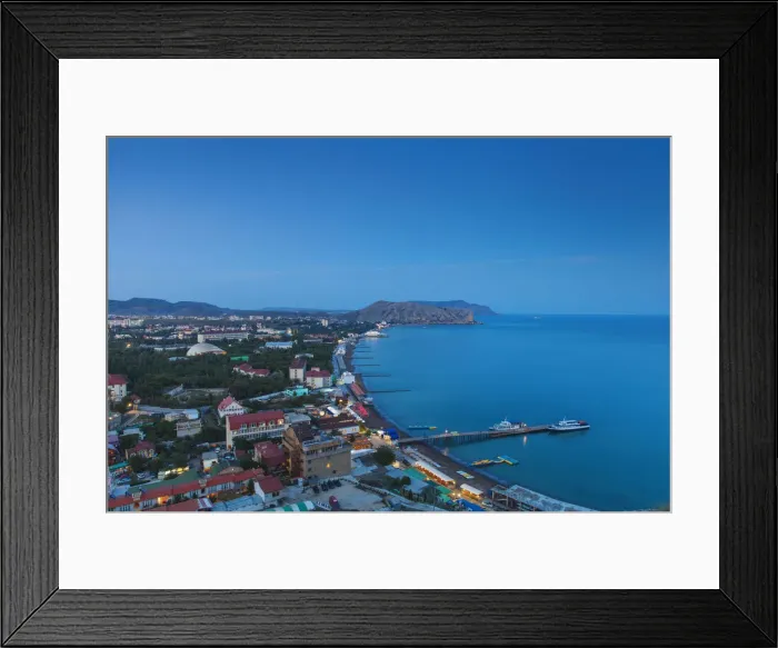 Framed Print : Ukraine, Crimea, Sudak View of city and Black Sea coast Framed Print : Ukraine, Crimea, Sudak View of city and Black Sea coast