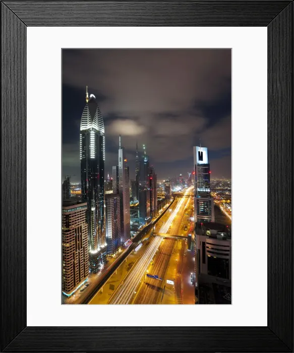 Framed Print : United Arab Emirates (UAE), Dubai, Sheikh Zayed Road looking towards the Burj Kalifa Framed Print : United Arab Emirates (UAE), Dubai, Sheikh Zayed Road looking towards the Burj Kalifa