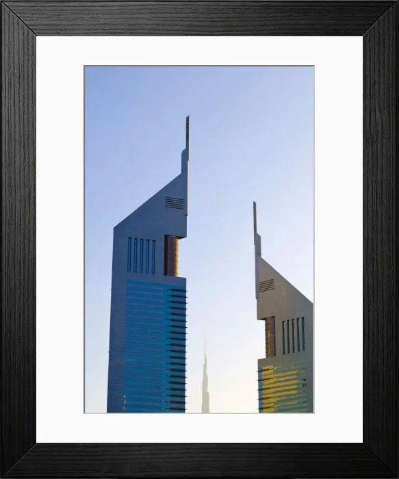 Framed Print : UAE, Dubai, Sheikh Zayed Road, Emirates Towers and Burj Khalifa beyond