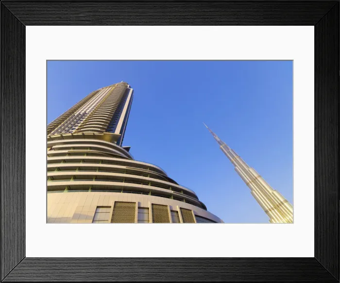 Framed Print : UAE, Dubai, The Address Downtown Hotel, on left, and Burj Khalifa Framed Print : UAE, Dubai, The Address Downtown Hotel, on left, and Burj Khalifa