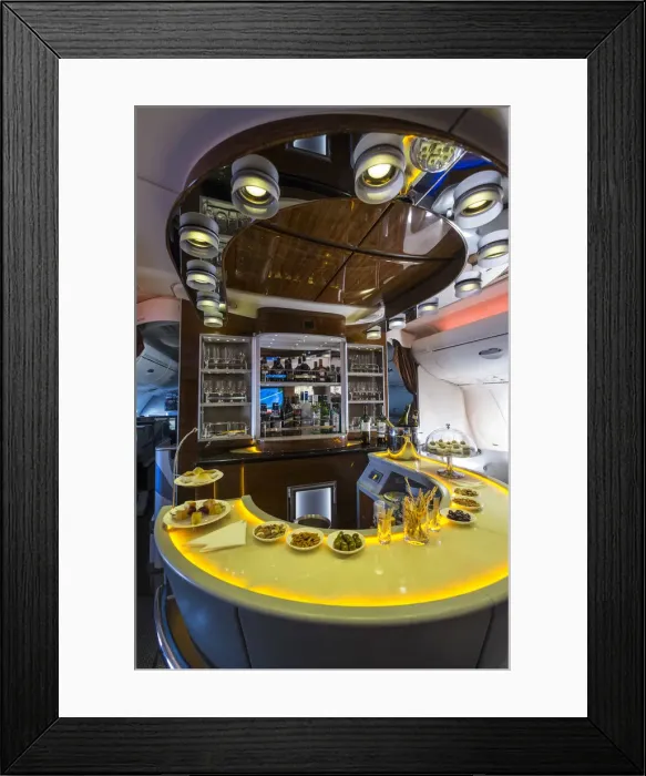 Framed Print : Bar of the Business and First class Lounge on the Emirates A380 aeroplane Framed Print : Bar of the Business and First class Lounge on the Emirates A380 aeroplane