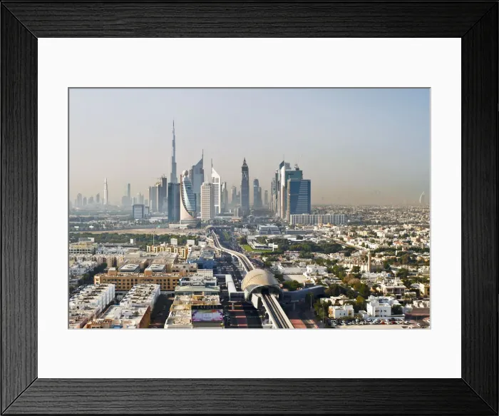 Framed Print : United Arab Emirates, Dubai, elevated view towards Sheikh Zayed Road and the modern Framed Print : United Arab Emirates, Dubai, elevated view towards Sheikh Zayed Road and the modern