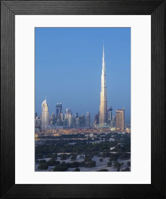 Framed Print : United Arab Emirates, Dubai, elevated view of the new Dubai skyline, the Burj Khalifa Framed Print : United Arab Emirates, Dubai, elevated view of the new Dubai skyline, the Burj Khalifa