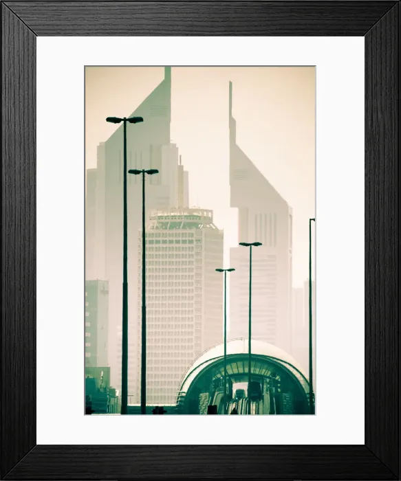 Framed Print : UAE, Dubai, Trade Centre Road, Emirates Towers with Al Karama Metro Station in foreground