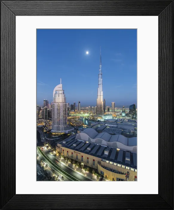 Framed Print : United Arab Emirates, Dubai, the Burj Khalifa, elevated view looking over the Dubai Mall