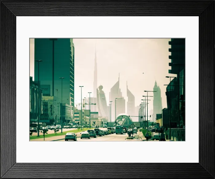 Framed Print : UAE, Dubai, Trade Centre Road, Burj Khalifa and Emirates Towers with Al Karama Metro Framed Print : UAE, Dubai, Trade Centre Road, Burj Khalifa and Emirates Towers with Al Karama Metro