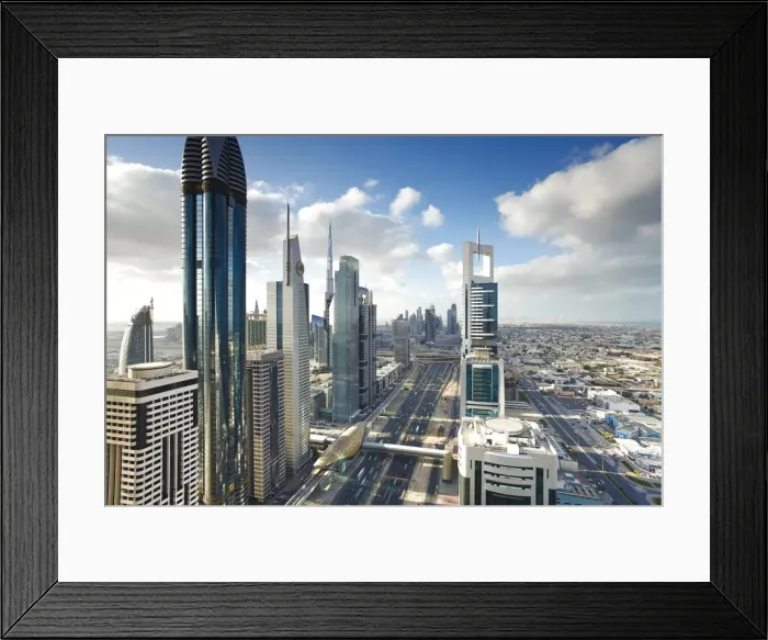 Framed Print : Skyscrapers along Sheikh Zayed Road looking towards the Burj Kalifa, Dubai, United Framed Print : Skyscrapers along Sheikh Zayed Road looking towards the Burj Kalifa, Dubai, United