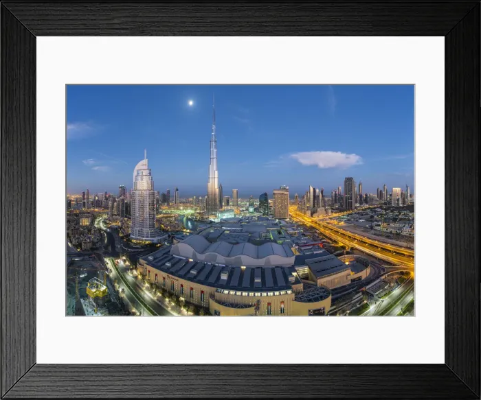 Framed Print : United Arab Emirates, Dubai, the Burj Khalifa, elevated view looking over the Dubai Mall