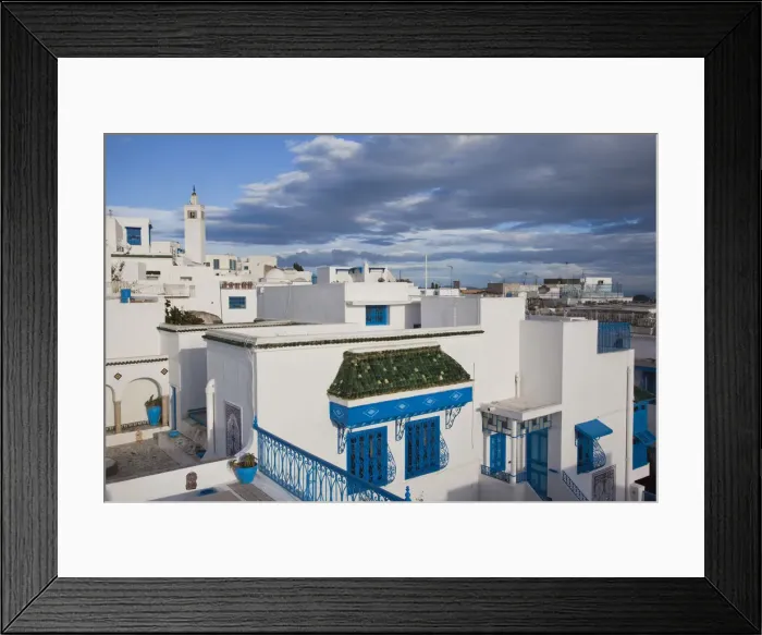 Framed Print : Tunisia, Sidi Bou Said, elevated town view Framed Print : Tunisia, Sidi Bou Said, elevated town view