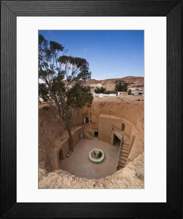 Framed Print : Tunisia, Ksour Area, Matmata, elevated view of underground buildings Framed Print : Tunisia, Ksour Area, Matmata, elevated view of underground buildings