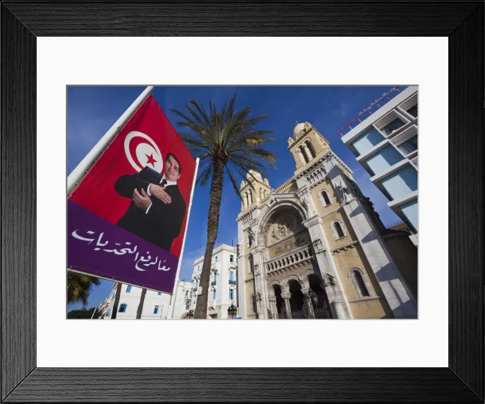 Framed Print : Tunisia, Tunis, Avenue Habib Bourguiba, Cathedral of St. Vincent de Paul