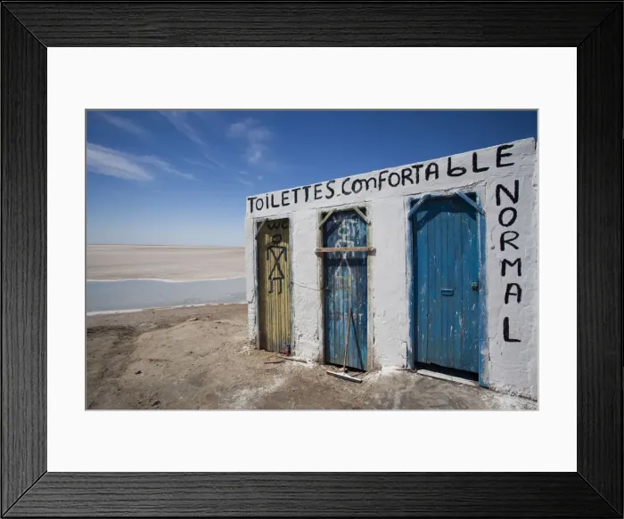 Framed Print : Tunisia, The Jerid Area, Tozeur, salt lake at Chott el Jerid, roadside toilet block Framed Print : Tunisia, The Jerid Area, Tozeur, salt lake at Chott el Jerid, roadside toilet block