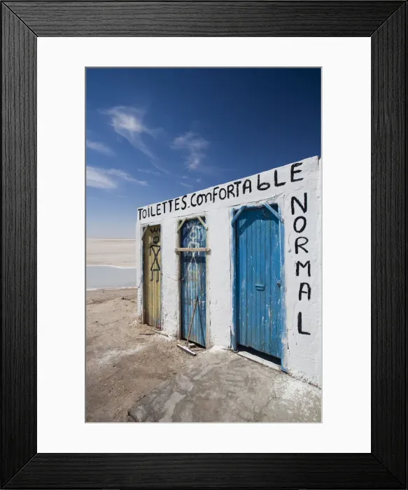 Framed Print : Tunisia, The Jerid Area, Tozeur, salt lake at Chott el Jerid, roadside toilet block Framed Print : Tunisia, The Jerid Area, Tozeur, salt lake at Chott el Jerid, roadside toilet block