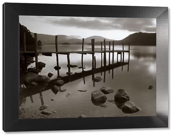 Tranquil landscape and Pier, Derwent Water, Lake District, Cumbria, England
