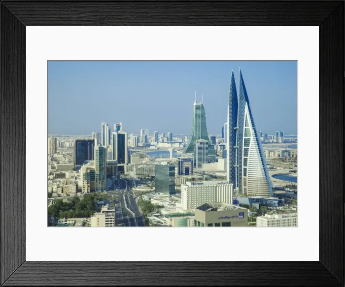Framed Print : Bahrain, Manama, City center skyline looking towards Bahrain World Trade Center Framed Print : Bahrain, Manama, City center skyline looking towards Bahrain World Trade Center