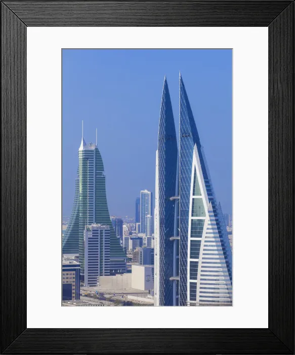 Framed Print : Bahrain, Manama, City center skyline looking towards Bahrain World Trade Center Framed Print : Bahrain, Manama, City center skyline looking towards Bahrain World Trade Center