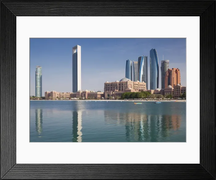 Framed Print : UAE, Abu Dhabi, skyline, Nations Towers, ADNOC Tower, Etihad Towers and Emirates Palace Framed Print : UAE, Abu Dhabi, skyline, Nations Towers, ADNOC Tower, Etihad Towers and Emirates Palace