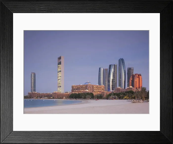 Framed Print : UAE, Abu Dhabi, skyline, Nations Towers, ADNOC Tower, Etihad Towers and Emirates Palace Framed Print : UAE, Abu Dhabi, skyline, Nations Towers, ADNOC Tower, Etihad Towers and Emirates Palace