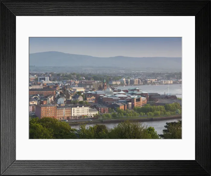 Framed Print : UK, Northern Ireland, County Londonderry, Derry, elevated town view, dawn Framed Print : UK, Northern Ireland, County Londonderry, Derry, elevated town view, dawn