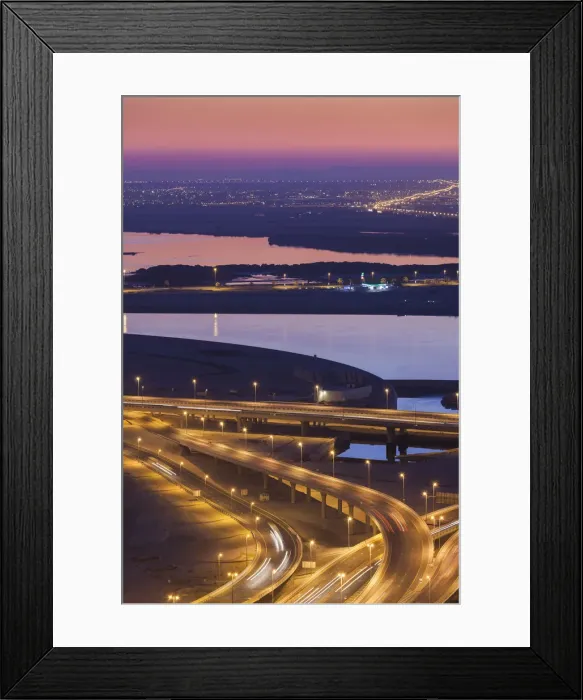 Framed Print : UAE, Dubai, Downtown Dubai, elevated desert and highway view towards Ras Al Khor, dawn Framed Print : UAE, Dubai, Downtown Dubai, elevated desert and highway view towards Ras Al Khor, dawn