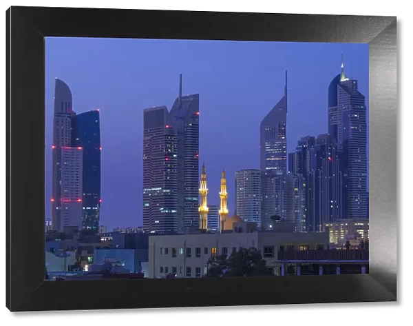 UAE, Dubai, Jumeira, skyscrapers along Sheikh Zayed Road, skyline from Jumeira, dawn