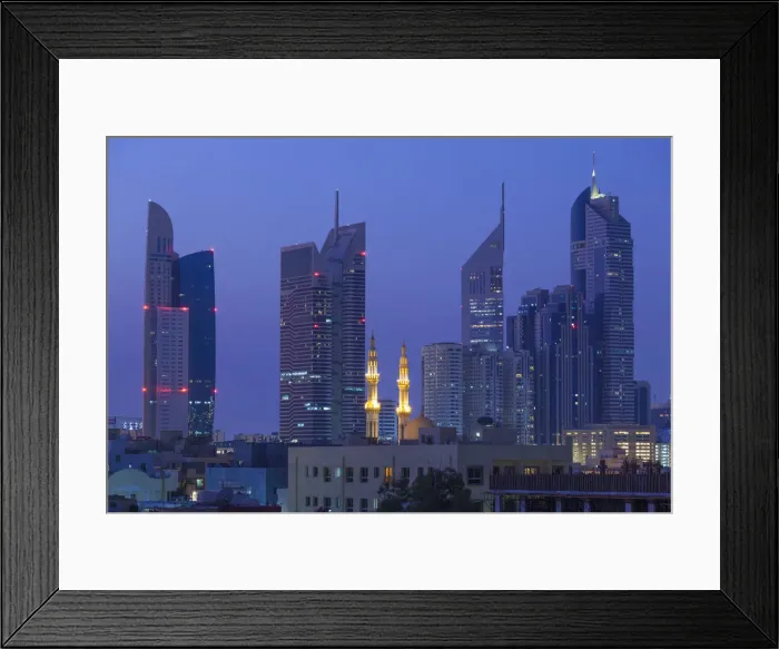 Framed Print : UAE, Dubai, Jumeira, skyscrapers along Sheikh Zayed Road, skyline from Jumeira, dawn Framed Print : UAE, Dubai, Jumeira, skyscrapers along Sheikh Zayed Road, skyline from Jumeira, dawn