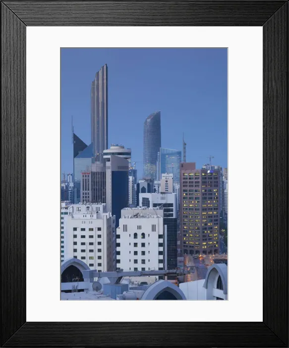 Framed Print : UAE, Abu Dhabi, elevated skyline from Corniche Road East, dawn Framed Print : UAE, Abu Dhabi, elevated skyline from Corniche Road East, dawn