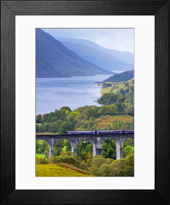 Framed Print : UK, Scotland, Highland, Loch Shiel, Glenfinnan, train on Glenfinnan Railway Viaduct