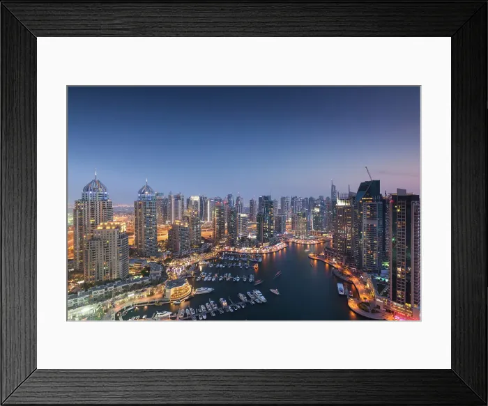 Framed Print : UAE, Dubai, Dubai Marina, elevated view of the marina, dusk Framed Print : UAE, Dubai, Dubai Marina, elevated view of the marina, dusk