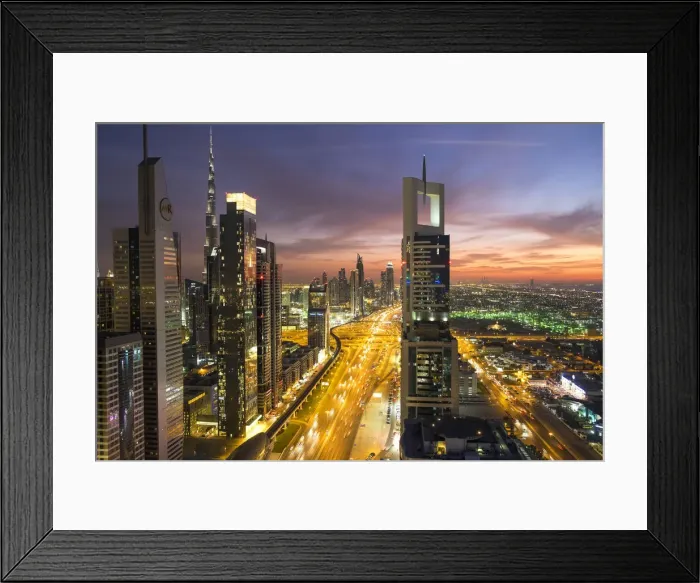 Framed Print : Elevated view at dusk over Downtown & Sheikh Zayed Road looking towards the Burj Framed Print : Elevated view at dusk over Downtown & Sheikh Zayed Road looking towards the Burj