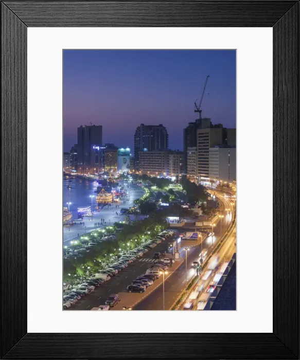 Framed Print : UAE, Dubai, Deira, elevated view of Dubai Creek, dusk Framed Print : UAE, Dubai, Deira, elevated view of Dubai Creek, dusk