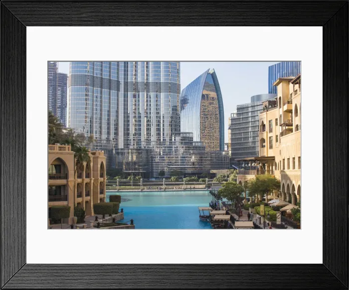Framed Print : United Arab Emirates, Dubai, View of Burj Khalifa and Souk El Bahar Framed Print : United Arab Emirates, Dubai, View of Burj Khalifa and Souk El Bahar