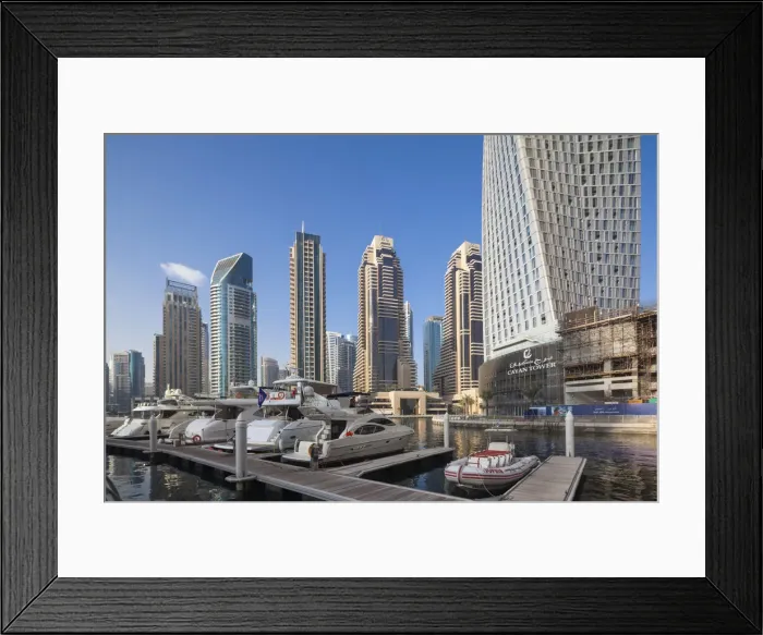 Framed Print : UAE, Dubai, Dubai Marina, high rise buildings including the twisted Cayan Tower, morning