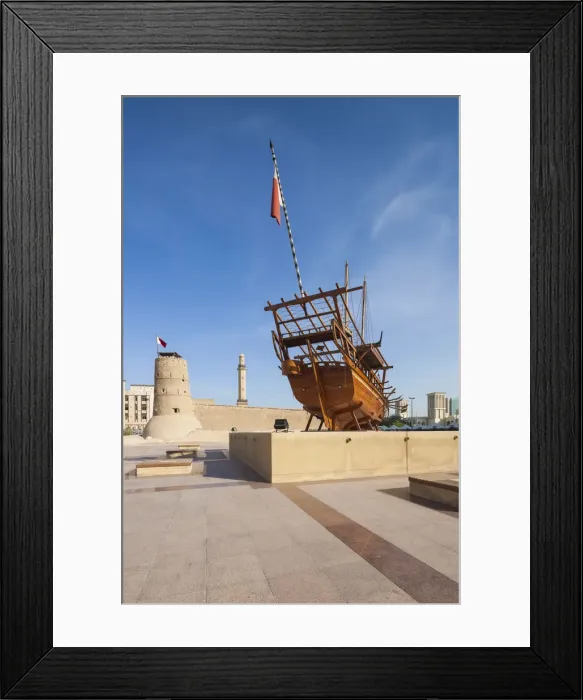 Framed Print : UAE, Dubai, Bur Dubai, Dubai Museum, exterior with traditional Dhow ship Framed Print : UAE, Dubai, Bur Dubai, Dubai Museum, exterior with traditional Dhow ship