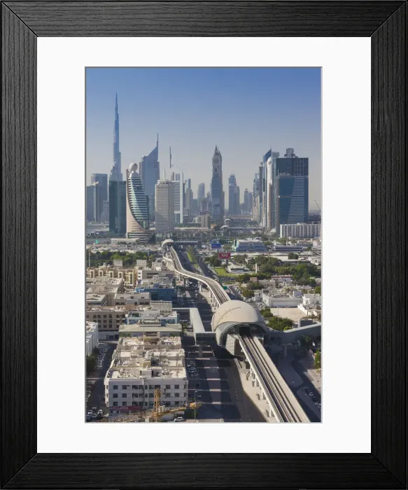 Framed Print : UAE, Dubai, Downtown Dubai skyline above metro rail Framed Print : UAE, Dubai, Downtown Dubai skyline above metro rail