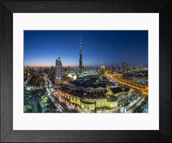 Framed Print : United Arab Emirates, Dubai, the Burj Khalifa, elevated view looking over the Dubai Mall