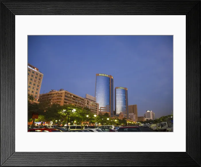Framed Print : United Arab Emirates, Dubai, Dubai Creek and Deira Twin Towers at dusk Framed Print : United Arab Emirates, Dubai, Dubai Creek and Deira Twin Towers at dusk
