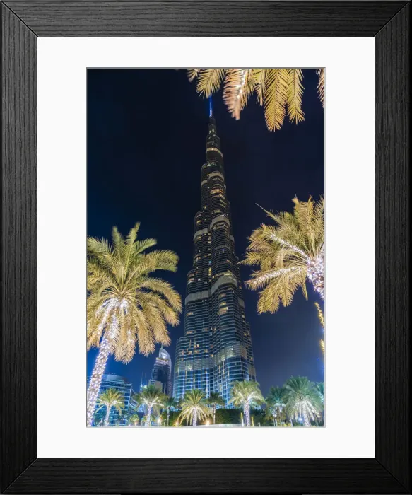 Framed Print : Burj Khalifa & palm trees at night, Dubai, United Arab Emirates, U. A. E Framed Print : Burj Khalifa & palm trees at night, Dubai, United Arab Emirates, U. A. E