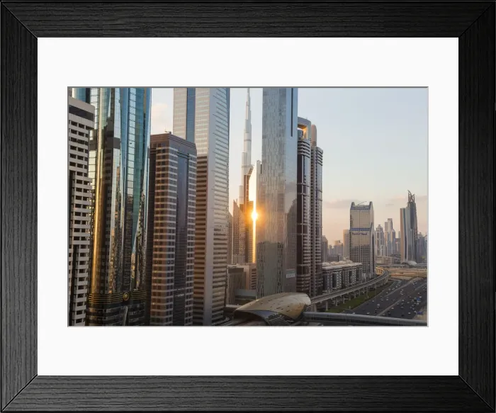 Framed Print : Elevated view over the modern Skyscrapers & metro station along Sheikh Zayed Road