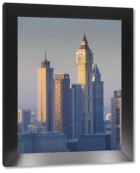 UAE, Dubai, Downtown Dubai, elevated view of skyscrapers on Sheikh Zayed Road