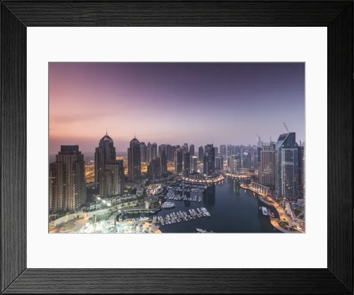 Framed Print : UAE, Dubai, Dubai Marina, elevated view of the marina, dawn Framed Print : UAE, Dubai, Dubai Marina, elevated view of the marina, dawn