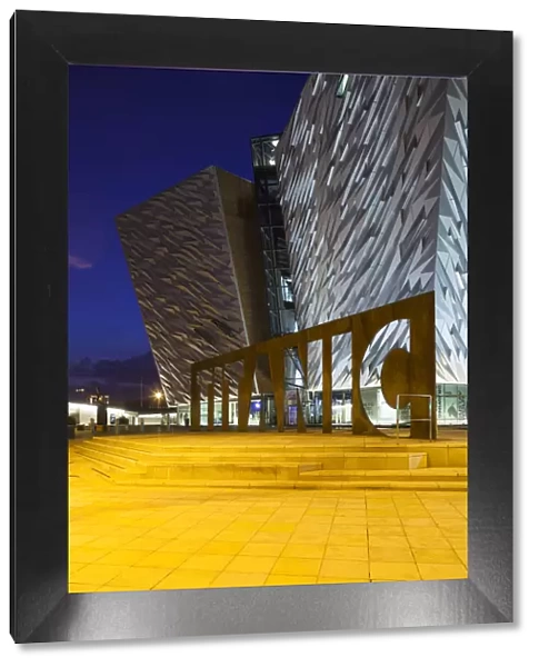 UK, Northern Ireland, Belfast, Belfast Docklands, Titanic Belfast Museum, exterior, dusk