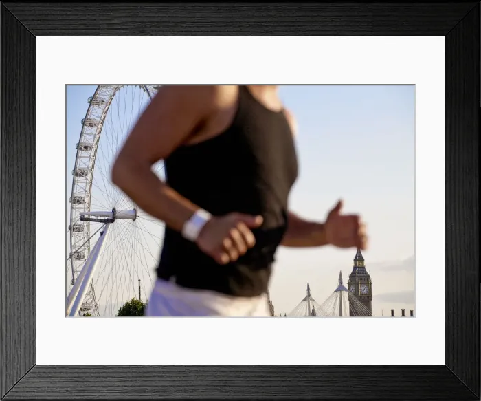Framed Print : England, London, Westminster, Man jogging with The London Eye & Big Ban