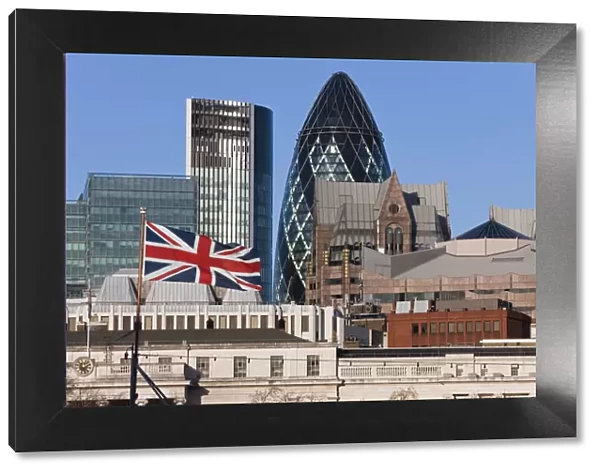 Union Jack flag, Gherkin building, City of London, London, England, UK