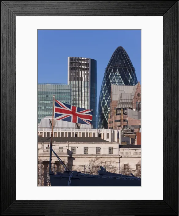 Framed Print : Union Jack flag, Gherkin building, City of London, London, England, UK Framed Print : Union Jack flag, Gherkin building, City of London, London, England, UK