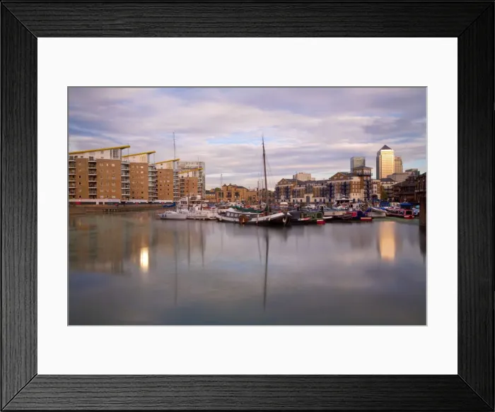 Framed Print : England, London, Tower Hamlets, Limehouse Basin with Canary Wharf buildings in background Framed Print : England, London, Tower Hamlets, Limehouse Basin with Canary Wharf buildings in background