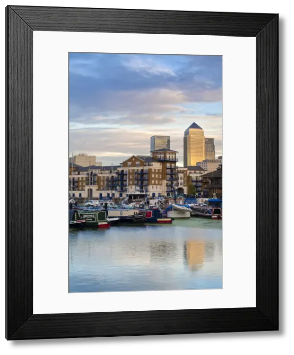 Framed Print : England, London, Tower Hamlets, Limehouse Basin with Canary Wharf buildings in background Framed Print : England, London, Tower Hamlets, Limehouse Basin with Canary Wharf buildings in background