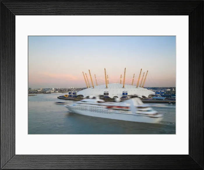 Framed Print : England, London, Ariel view of Cruise ship passing O2 Arena, (Millennium Dome) Framed Print : England, London, Ariel view of Cruise ship passing O2 Arena, (Millennium Dome)