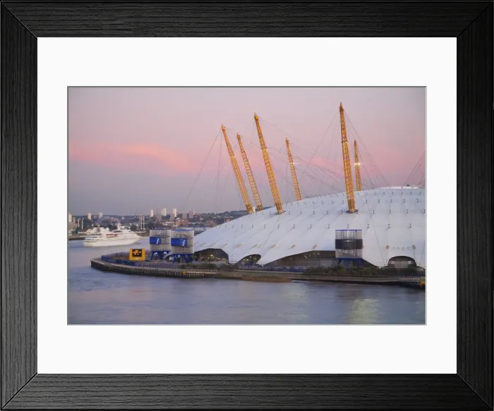 Framed Print : England, London, Ariel view of Cruise ship passing O2 Arena, (Millennium Dome) Framed Print : England, London, Ariel view of Cruise ship passing O2 Arena, (Millennium Dome)