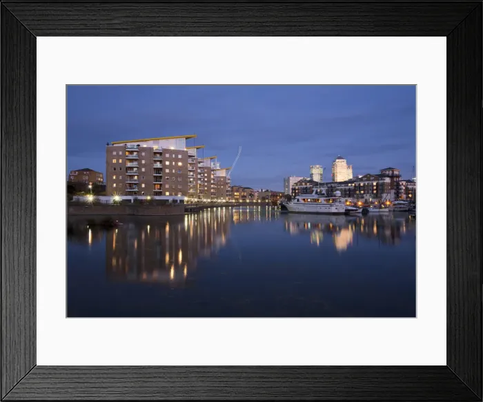 Framed Print : England, London, Tower Hamlets, Limehouse Basin with Canary Wharf buildings in background Framed Print : England, London, Tower Hamlets, Limehouse Basin with Canary Wharf buildings in background
